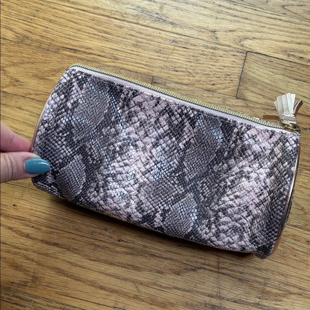 Ulta Beauty Pink & Grey Snakeskin Pattern Clutch with Rose Gold Tassel Detail